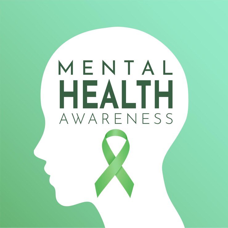 Illustration of mental health awareness in the United States with icons of support, brain, and community