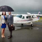 Airplane taking off on airport runway with aviation insurance coverage concept