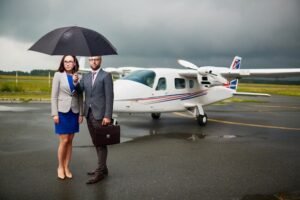 Airplane taking off on airport runway with aviation insurance coverage concept