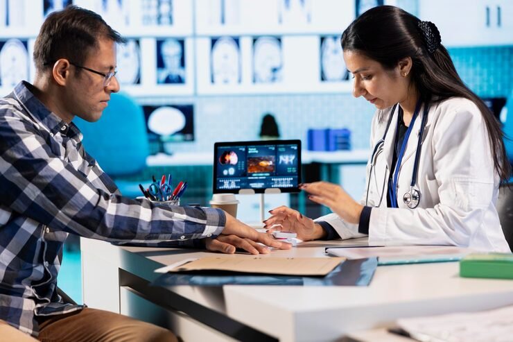 Health Information Management professional updating electronic health records in U.S. hospital