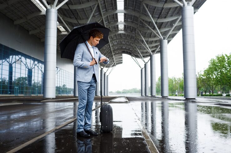 Airplane taking off on airport runway with aviation insurance coverage concept