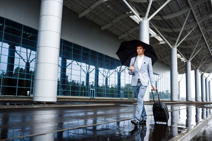 Airplane taking off on airport runway with aviation insurance coverage concept