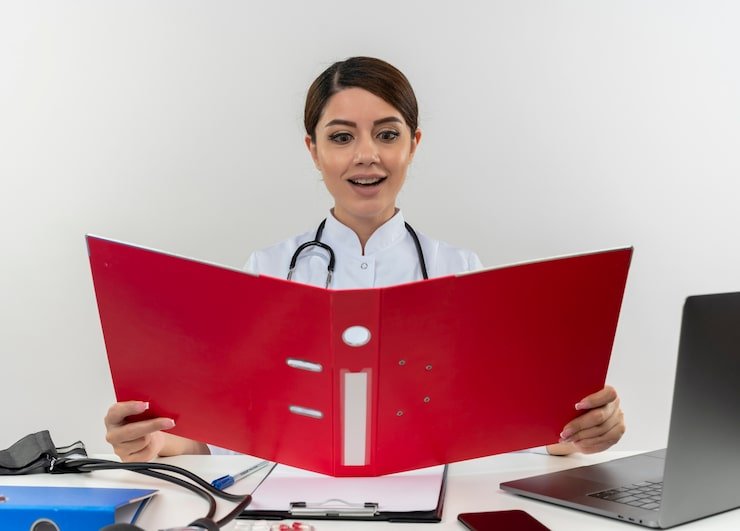 Health Information Management professional updating electronic health records in U.S. hospital