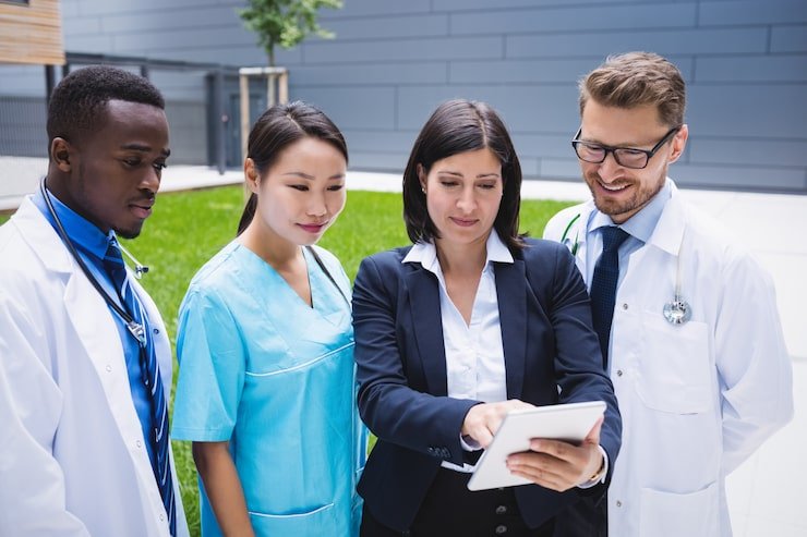 Health Information Management professional updating electronic health records in U.S. hospital