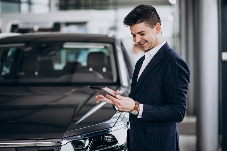 Kia Finance representative helping U.S. customer with auto loan paperwork